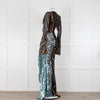 Halpern Chocolate Silver Blue Sequin Long Sleeve Jumpsuit