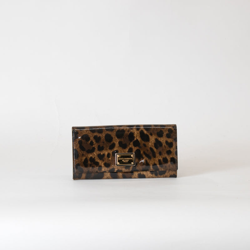 Dolce & Gabbana Brown Animal Print Patent Foldover Wallet