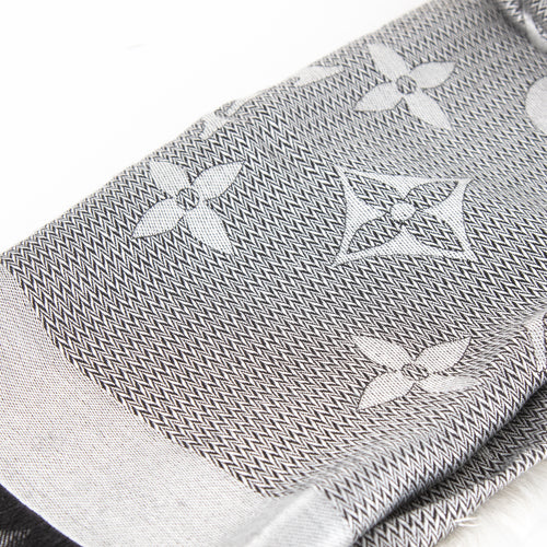 Louis Vuitton Black Grey Logo Freyed Edge Scarf With Box