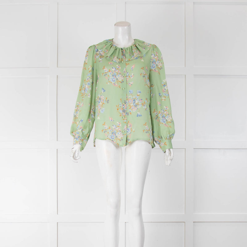 Vilshenko Green Patterned Silk Ruffle Neck Blouse