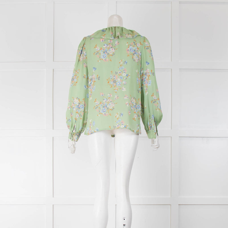 Vilshenko Green Patterned Silk Ruffle Neck Blouse