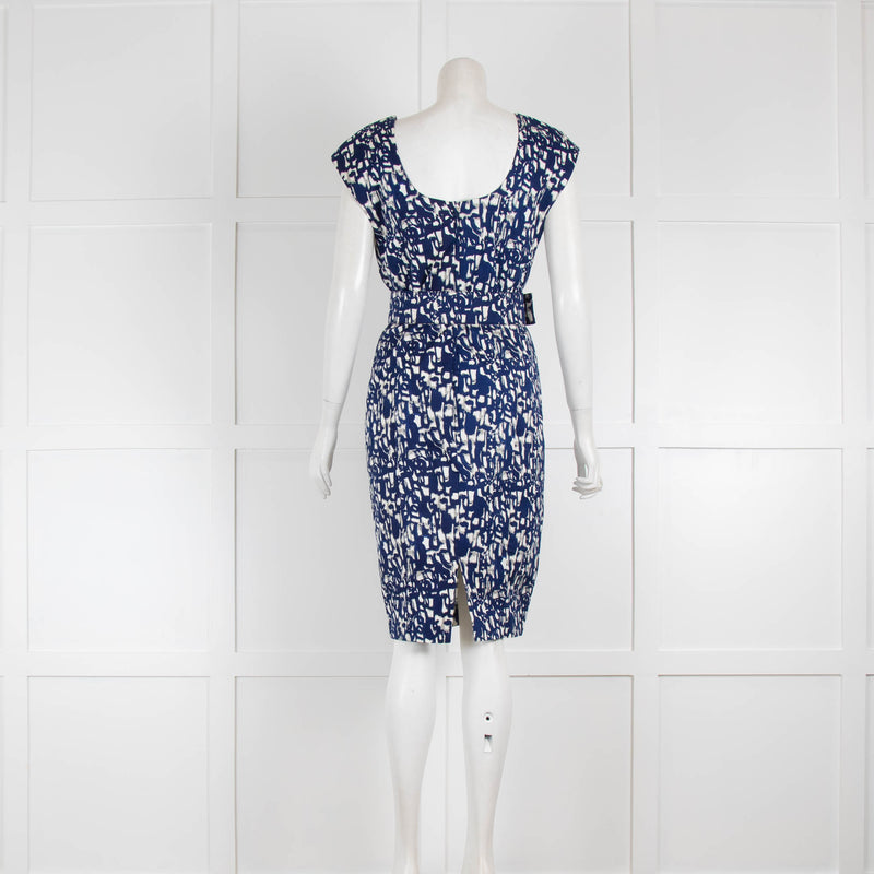 Samantha Sung Blue and Cream Pattern Shift Dress With Belt