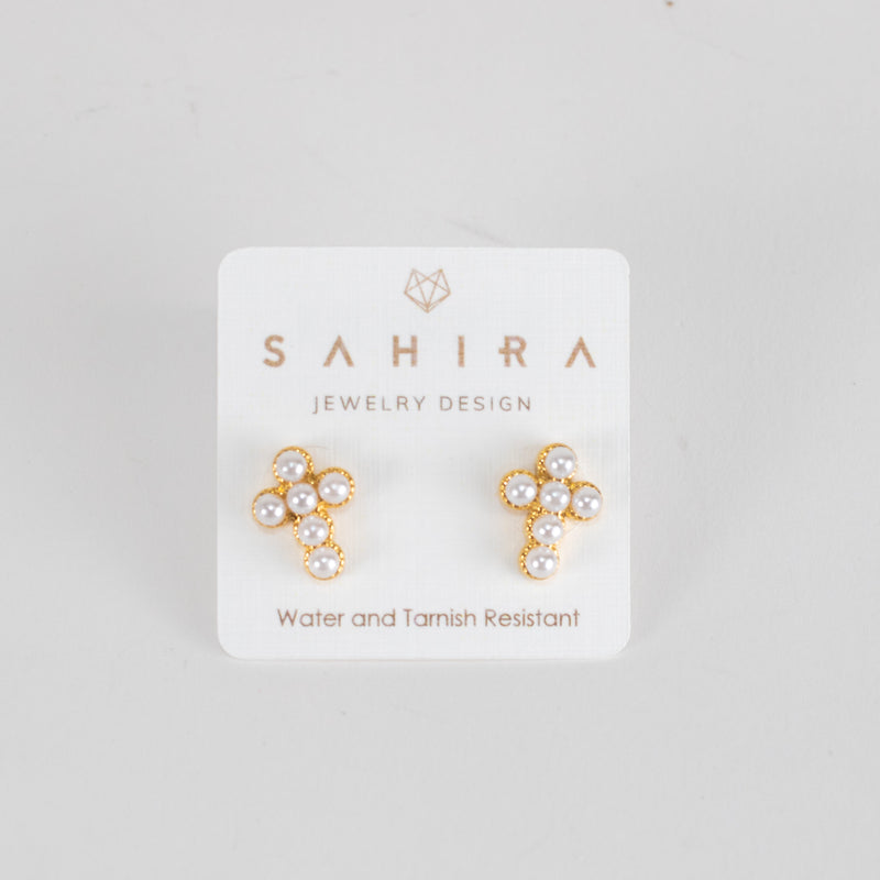 Sahira London Mini Pearl Cross Studs