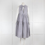 Asceno Grey Stripped Sleeveless Frill Cotton Midi Dress