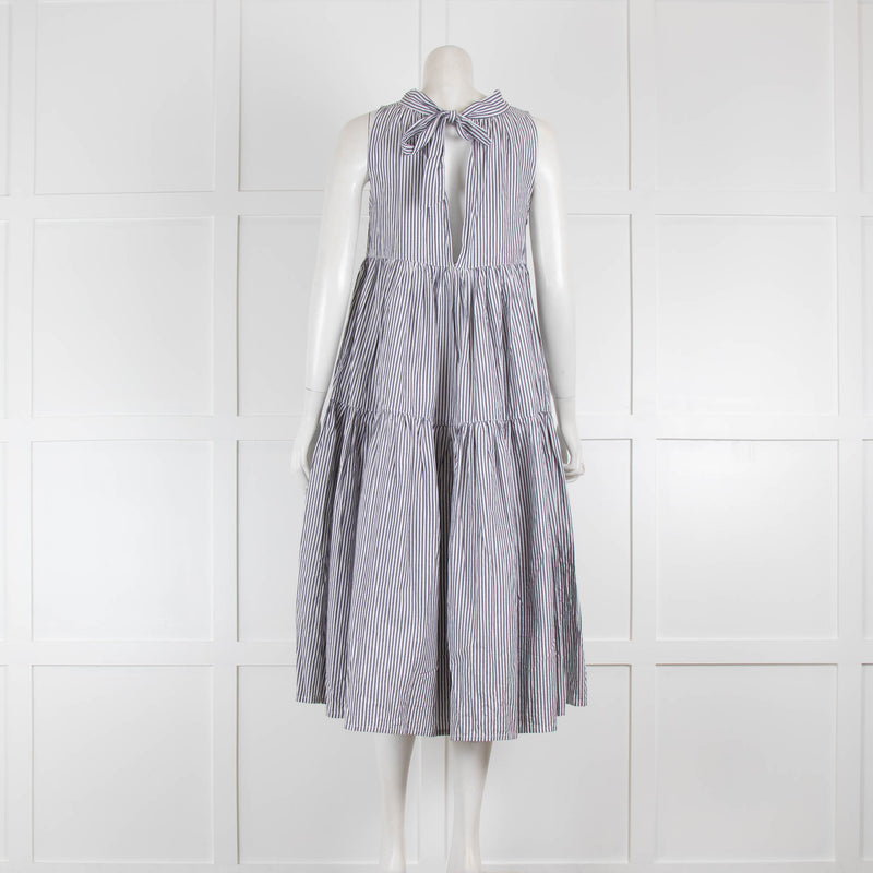 Asceno Grey Stripped Sleeveless Frill Cotton Midi Dress