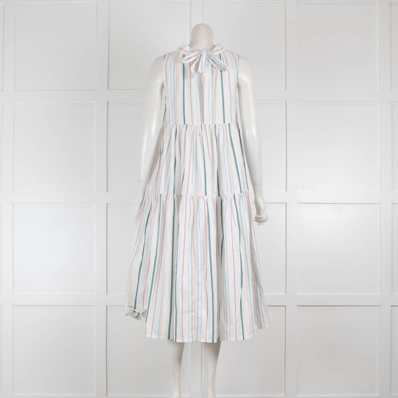 ASCENO Striped Cotton High Neck Tie Back Dress