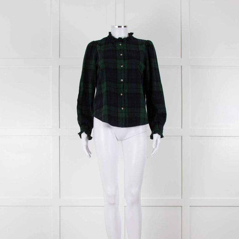 Iris Green Navy Check Frill Trim Shirt