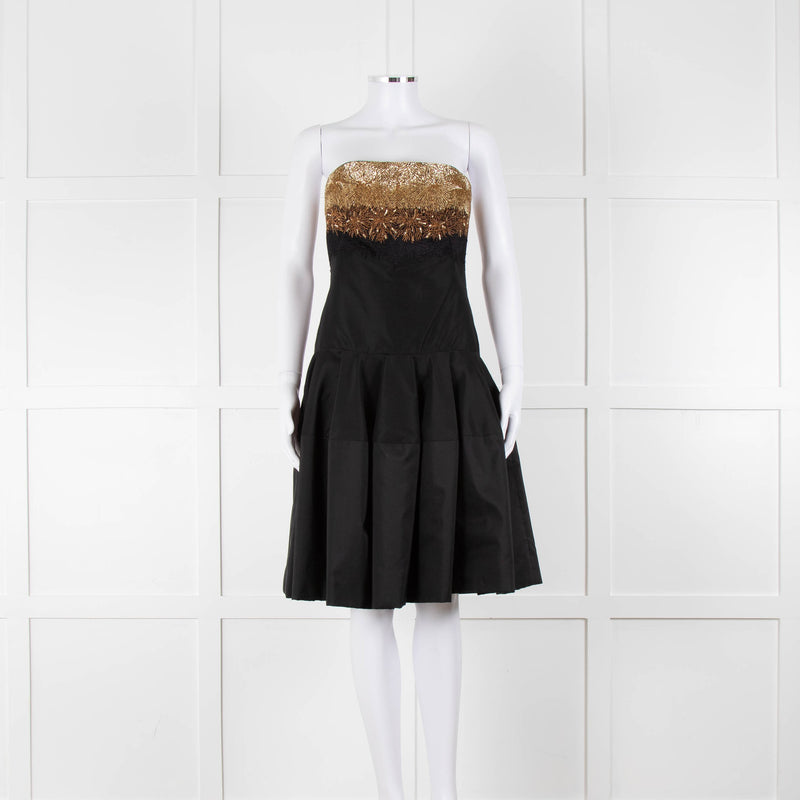 Alexander McQueen Black Faille Flared Pleated Dress with Gold Brocade Bust