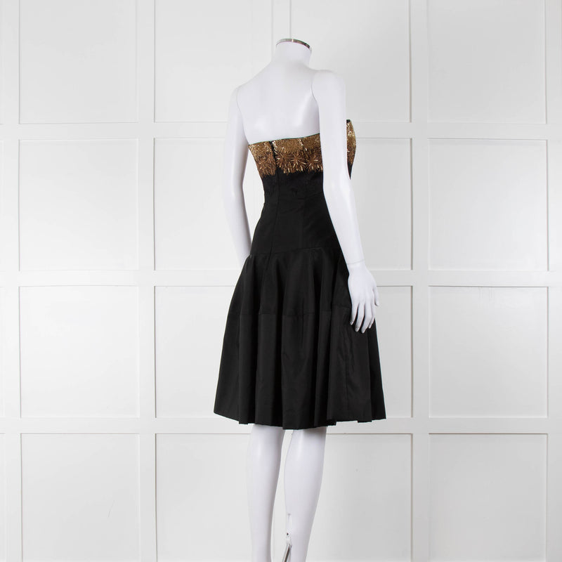 Alexander McQueen Black Faille Flared Pleated Dress with Gold Brocade Bust