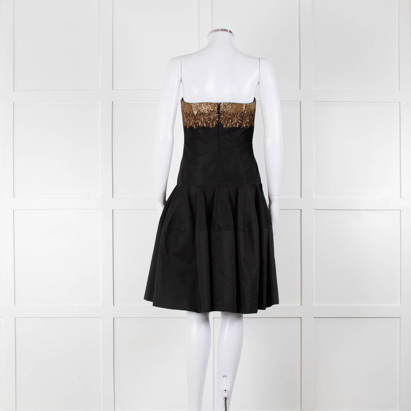 Alexander McQueen Black Faille Flared Pleated Dress with Gold Brocade Bust