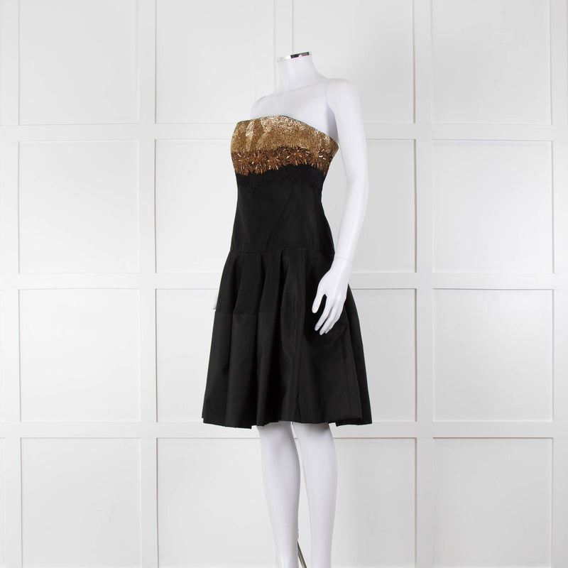 Alexander McQueen Black Faille Flared Pleated Dress with Gold Brocade Bust