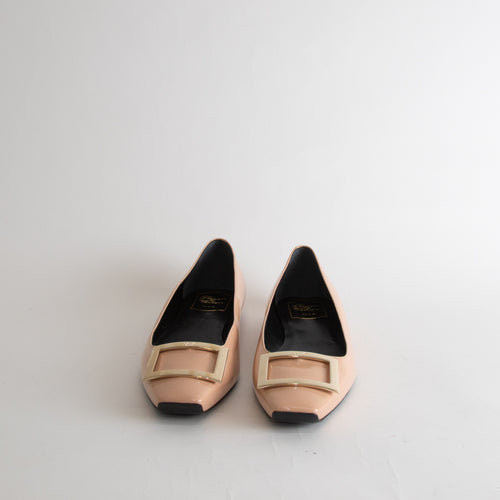 Roger Vivier Nude Patent Square Toe Buckle Detail Flats