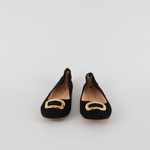 Rupert Sanderson Black Suede Ballet Flats with Gold Buckle