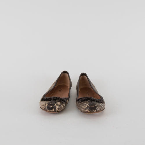 Alaia Brown Snake Skin BraIded Bow Flat Pumps