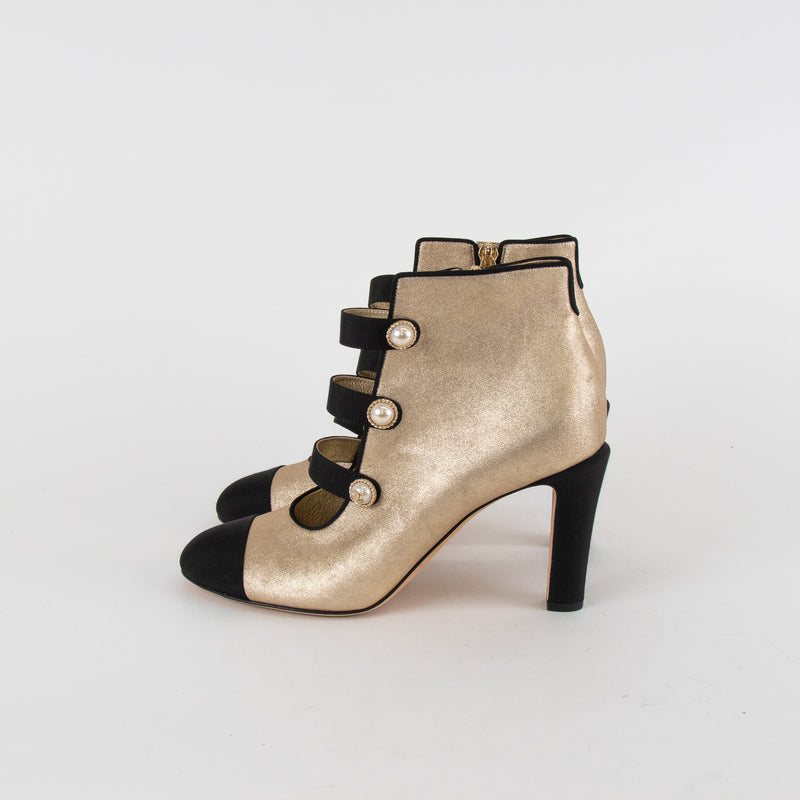 Chanel Gold Metallic Leather Pearl CC Black Toe Ankle Boots