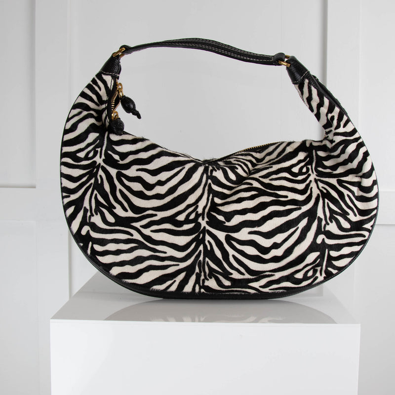 Staud Sasha Textured Leather Trimmed Zebra Print Shoulder Bag