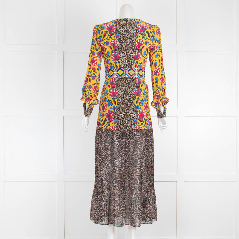 Saloni Yellow Brown Animal Print Embroidered Maxi Dress