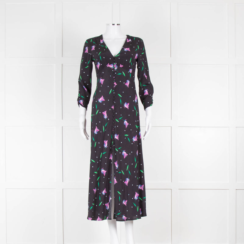 Rixo Black Pink Floral V Neck Dress