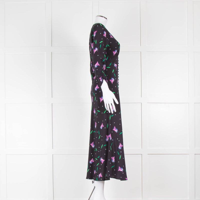 Rixo Black Pink Floral V Neck Dress