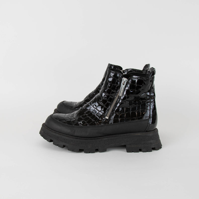 Russell & Bromley Black Patent Croc Ankle Zip Boots