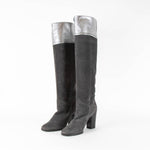 Chanel Grey Suede Silver Leather CC Logo Fold Over long Boots