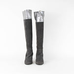 Chanel Grey Suede Silver Leather CC Logo Fold Over long Boots