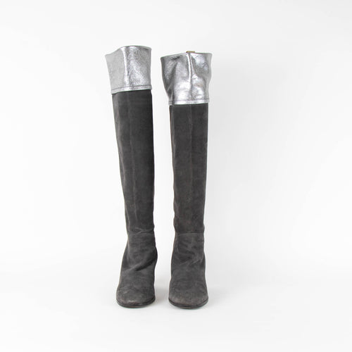 Chanel Grey Suede Silver Leather CC Logo Fold Over long Boots