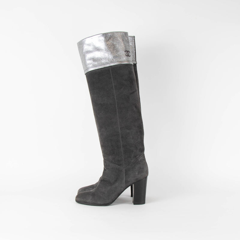 Chanel Grey Suede Silver Leather CC Logo Fold Over long Boots