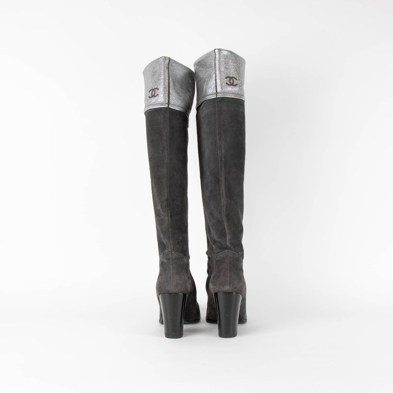 Chanel Grey Suede Silver Leather CC Logo Fold Over long Boots