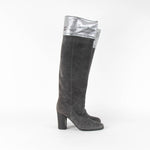 Chanel Grey Suede Silver Leather CC Logo Fold Over long Boots