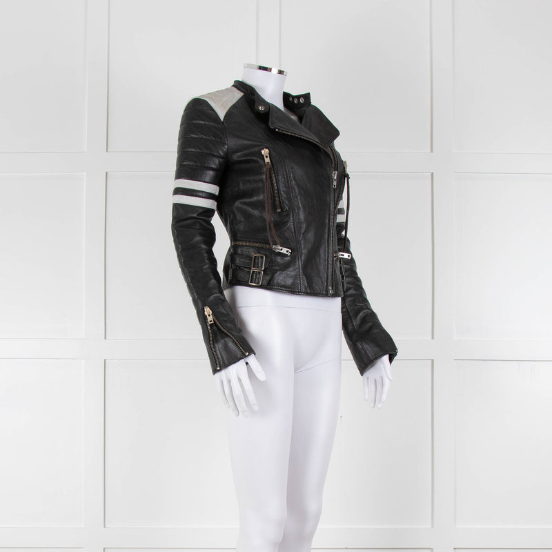 Denim & Supply Black Leather Biker Jacket with White Trims