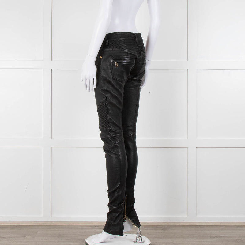 Balmain Black Leather Biker Trousers with Gold Hardware