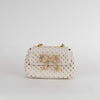 Self-Portrait Cream Leather Woven Crystal Bow Micro Bag