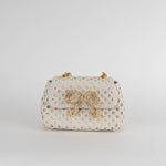 Self-Portrait Cream Leather Woven Crystal Bow Micro Bag