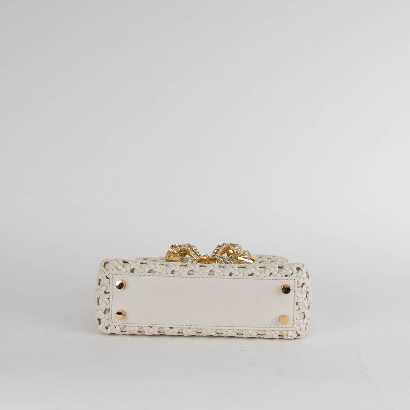 Self-Portrait Cream Leather Woven Crystal Bow Micro Bag