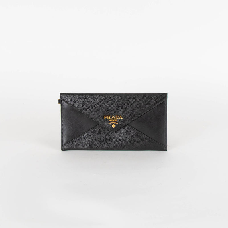 Prada Black Saffiano Clutch With Gold Wrist Strap