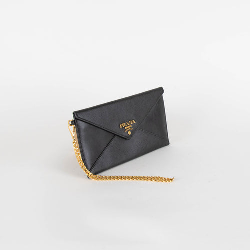 Prada Black Saffiano Clutch With Gold Wrist Strap