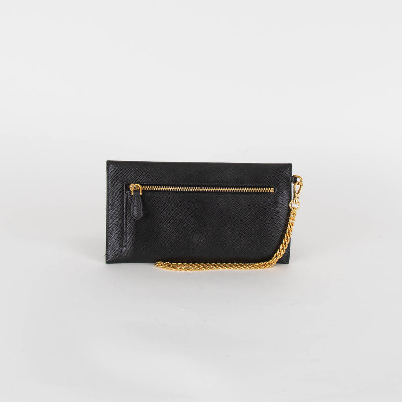 Prada Black Saffiano Clutch With Gold Wrist Strap