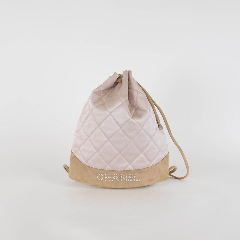 Chanel Pale Pink Satin Beige Suede Trim Quilted Backpack