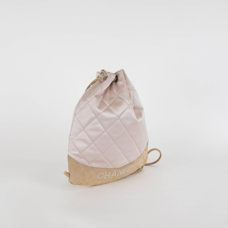 Chanel Pale Pink Satin Beige Suede Trim Quilted Backpack