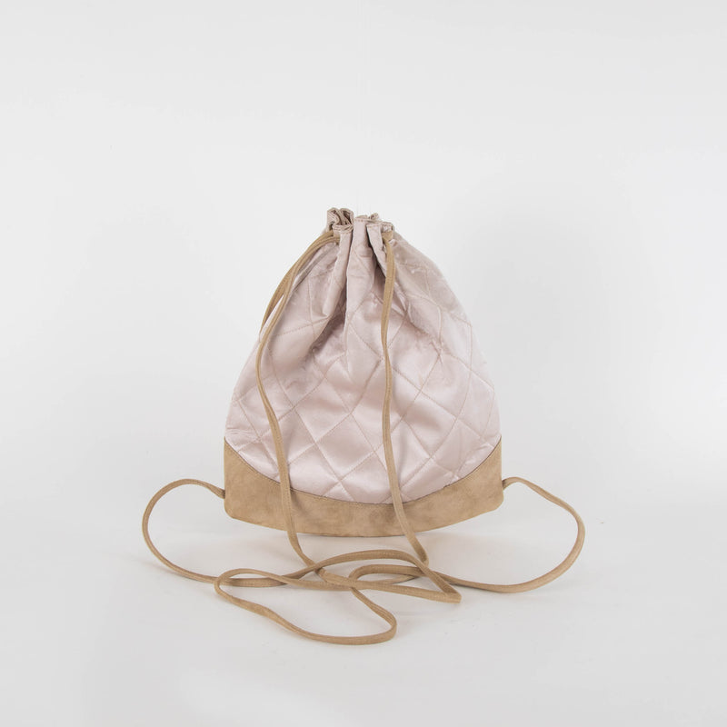 Chanel Pale Pink Satin Beige Suede Trim Quilted Backpack