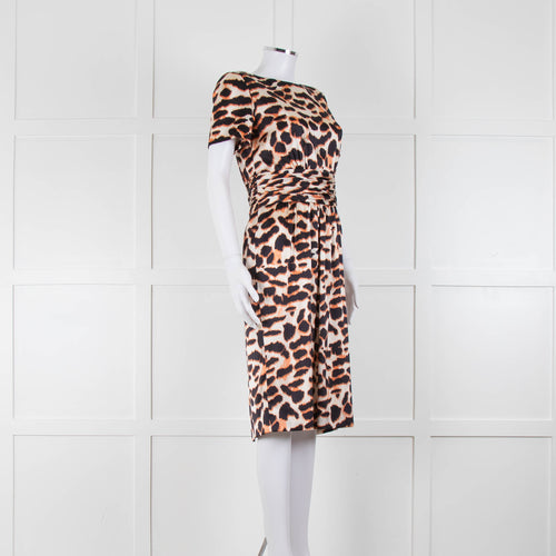 Stewart Parvin Cream Black Animal Print Silk Short Sleeve Dress