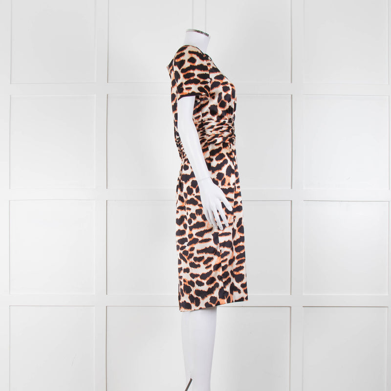 Stewart Parvin Cream Black Animal Print Silk Short Sleeve Dress