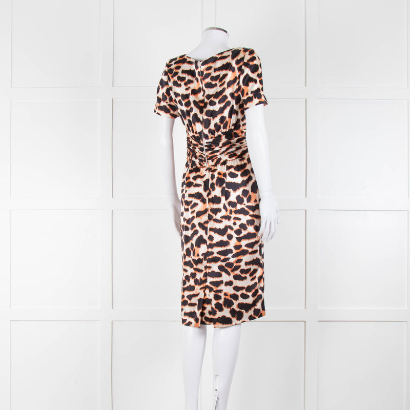 Stewart Parvin Cream Black Animal Print Silk Short Sleeve Dress