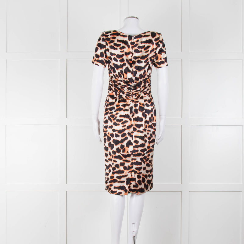 Stewart Parvin Cream Black Animal Print Silk Short Sleeve Dress