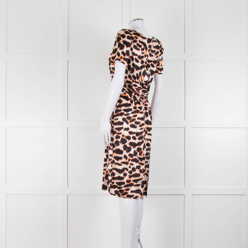 Stewart Parvin Cream Black Animal Print Silk Short Sleeve Dress