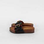 Chloe Lauren Wooden Sole Sandals with Black Leather Buckle Front