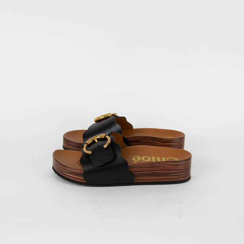 Chloe Lauren Wooden Sole Sandals with Black Leather Buckle Front