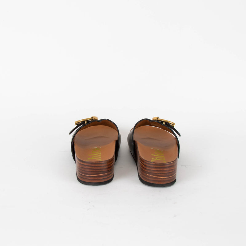 Chloe Lauren Wooden Sole Sandals with Black Leather Buckle Front