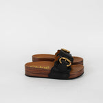 Chloe Lauren Wooden Sole Sandals with Black Leather Buckle Front